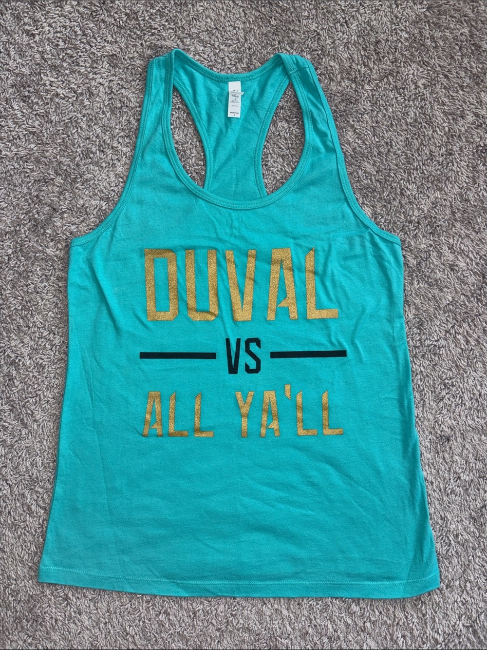 Women Teal Racerback Tank with Gold and Black Graphic. Jacksonville Jaguars.